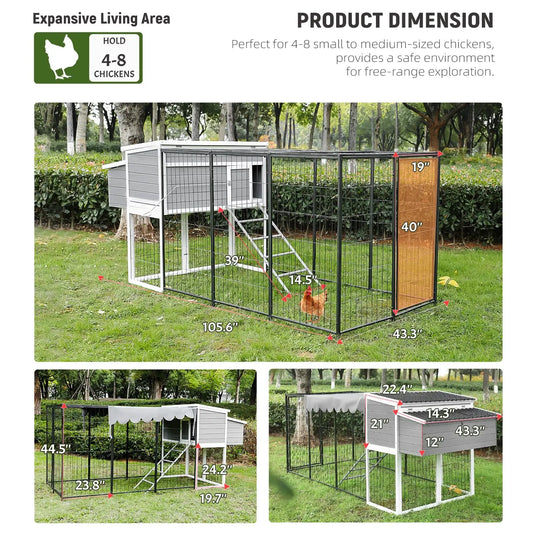 105" Outdoor Wooden Chicken Coop with Run Large Nesting Box Removable Tray Poultry Habitat Supplies, Customized