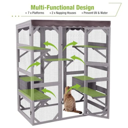Outdoor Catio Large Cat Enclosure Wooden Cat House Playpen with Door Kitty Cage Waterproof Cover Brown Durable and Weatherproof