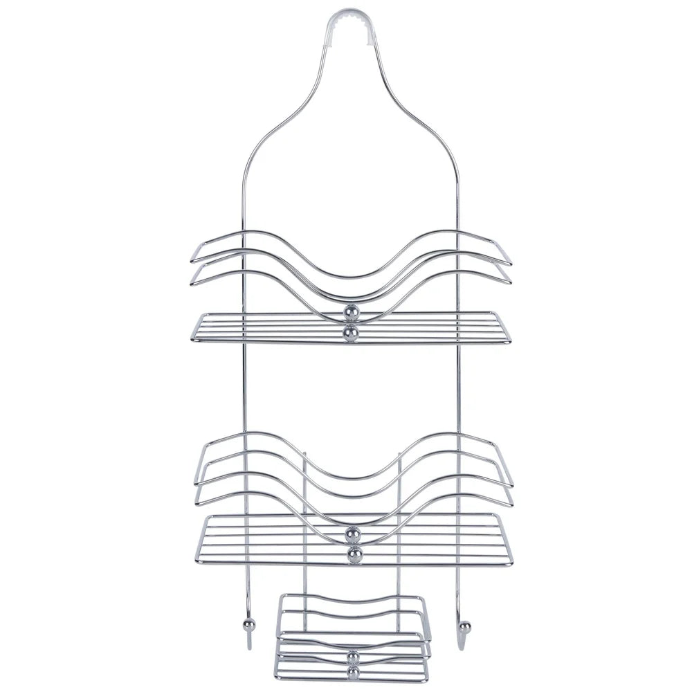 2 Tier Metal Shower Caddy with Hooks Durable Rust Resistant Chrome Finish Hanging Organizer Bathroom Storage