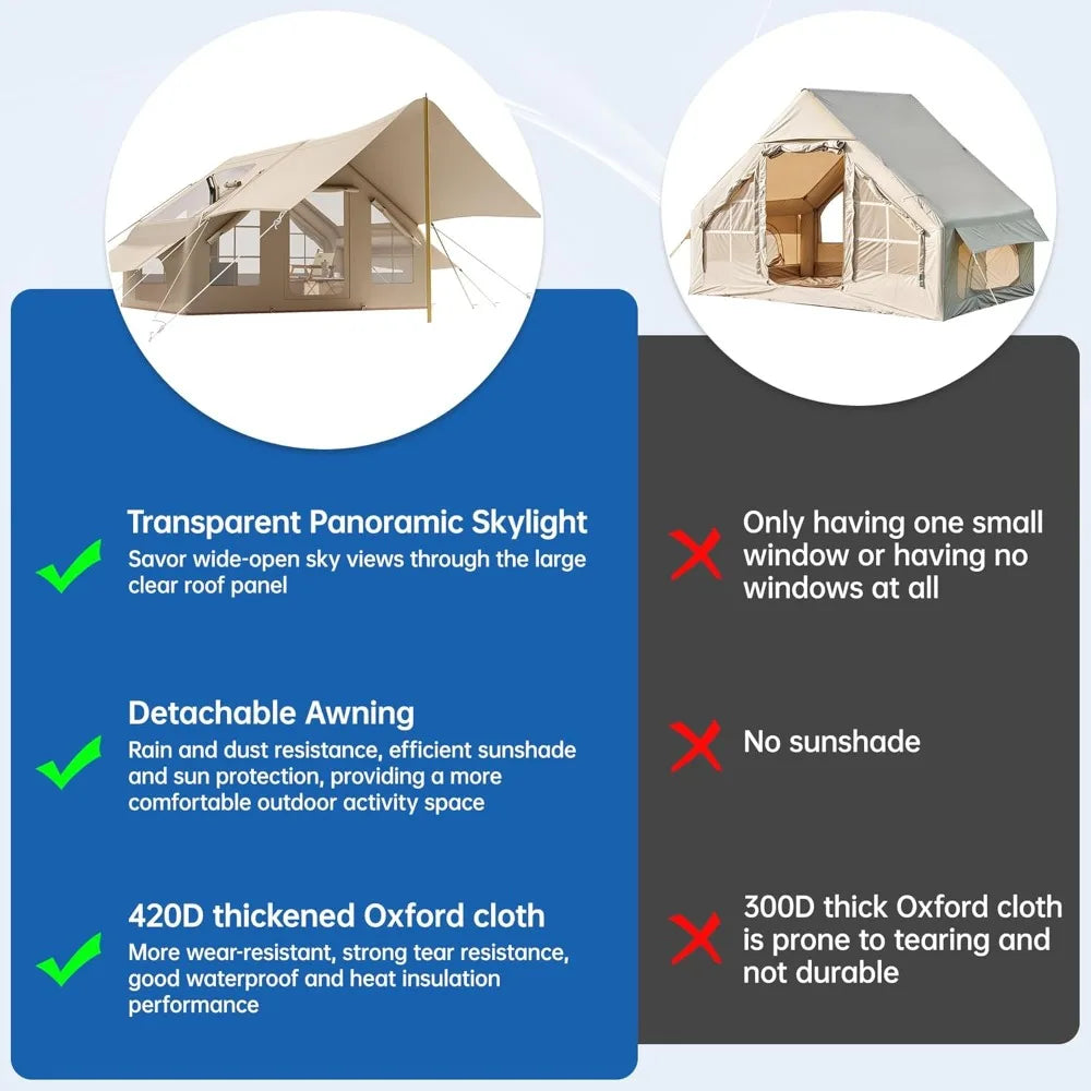 Inflatable Camping Tent with Pump & Awning,8-14 Person Air Tents for Camping Adult, Large Waterproof Oxford Family Glamping Tent