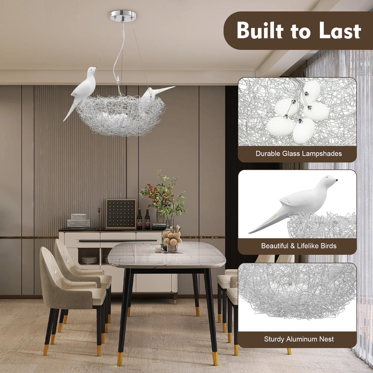 Modern Bird Nest Chandelier LED Ceiling Light 25W 4000K Aluminum Silver for Living Room Dining Room Bedroom Lighting