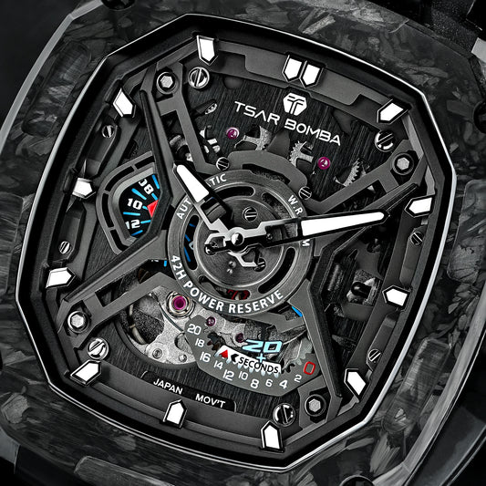 TSAR BOMBA Men's Luxury Mechanical Watch, Carbon Fiber Case, Luminous, 5ATM Waterproof, Viton Strap, Ideal Gift for Men