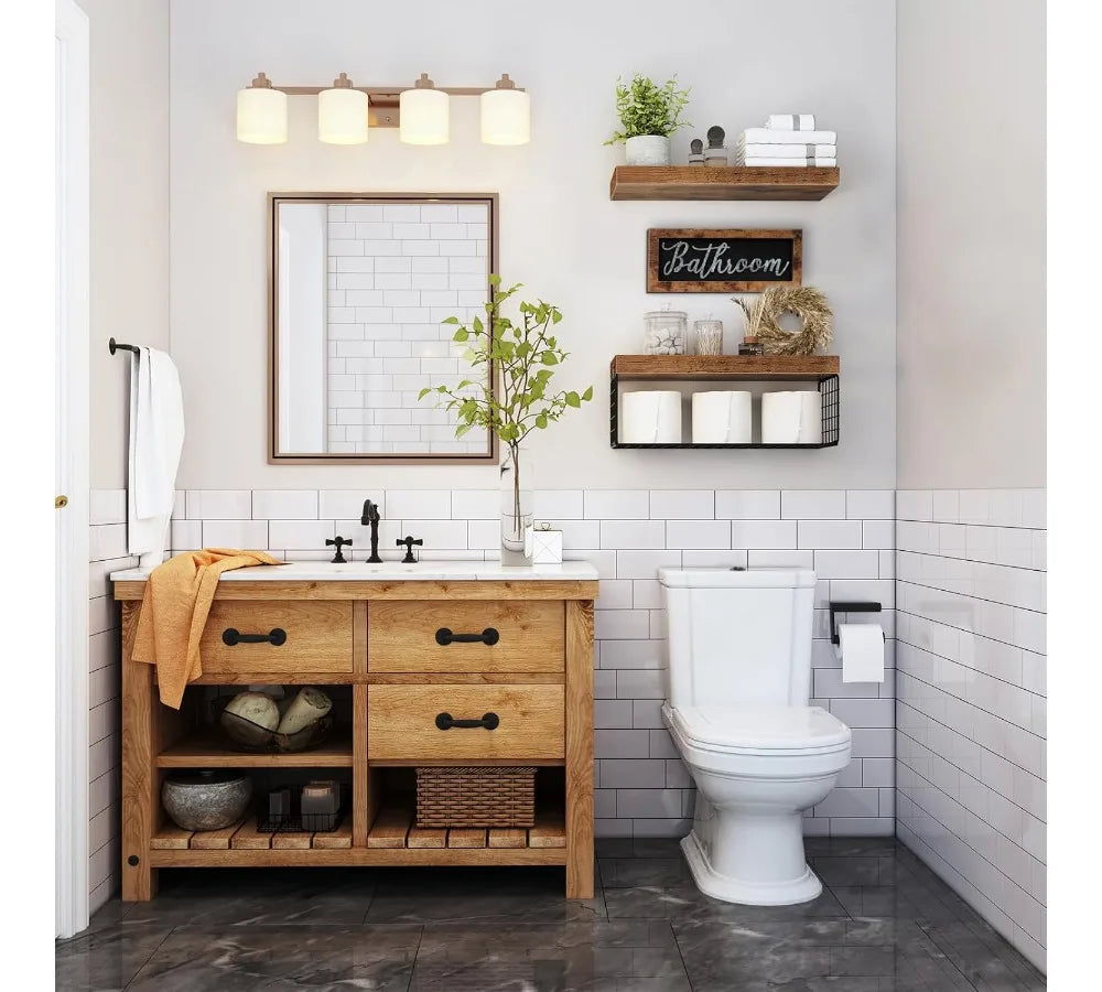Farmhouse Bathroom Shelves Over Toilet - Floating Shelf Set with Basket & Decor Sign, Rustic Brown