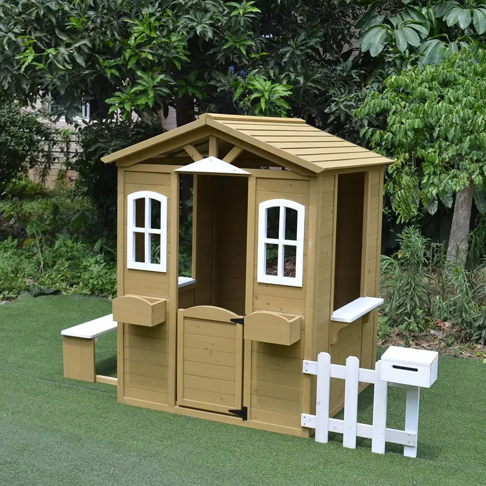 Cedar Wooden Playhouse Kids Outdoor Play Room Working Door Window Mailbox Bench, Custom