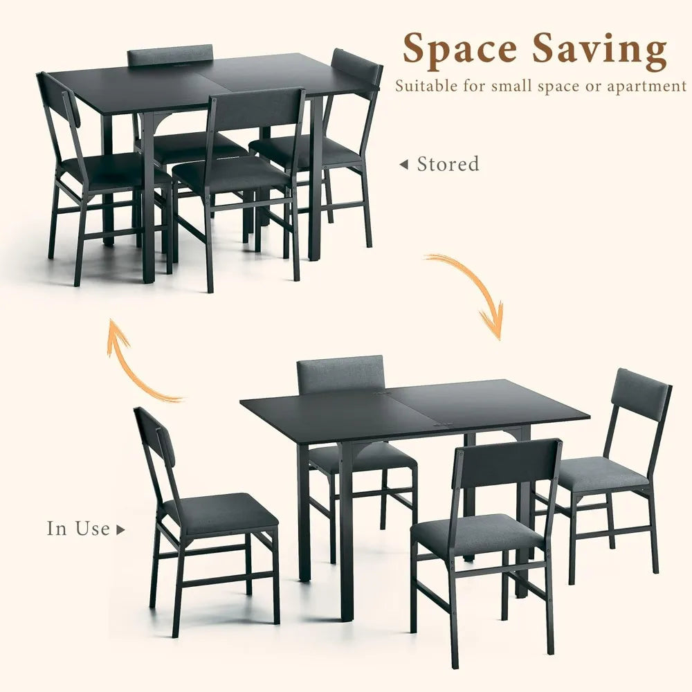 Dining Table Set for 4, Extendable Kitchen Table Cushion Chairs Set of 4, Rectangle Dining Table with Metal Frame & MDF Board, F