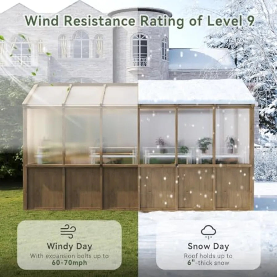6x12 FT Wooden Greenhouse for Outdoors Polycarbonate Panel Walk-in Green House Kit with Adjustable Roof Vent and Lockable Door