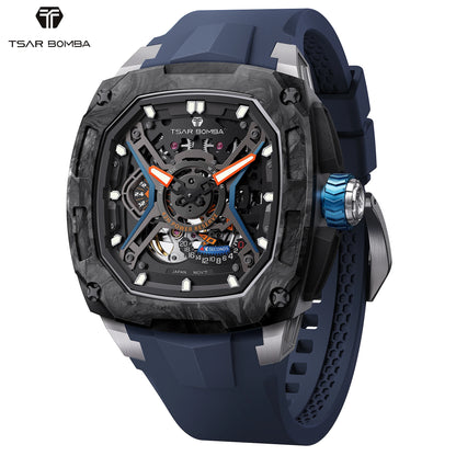 TSAR BOMBA Men's Luxury Mechanical Watch, Carbon Fiber Case, Luminous, 5ATM Waterproof, Viton Strap, Ideal Gift for Men