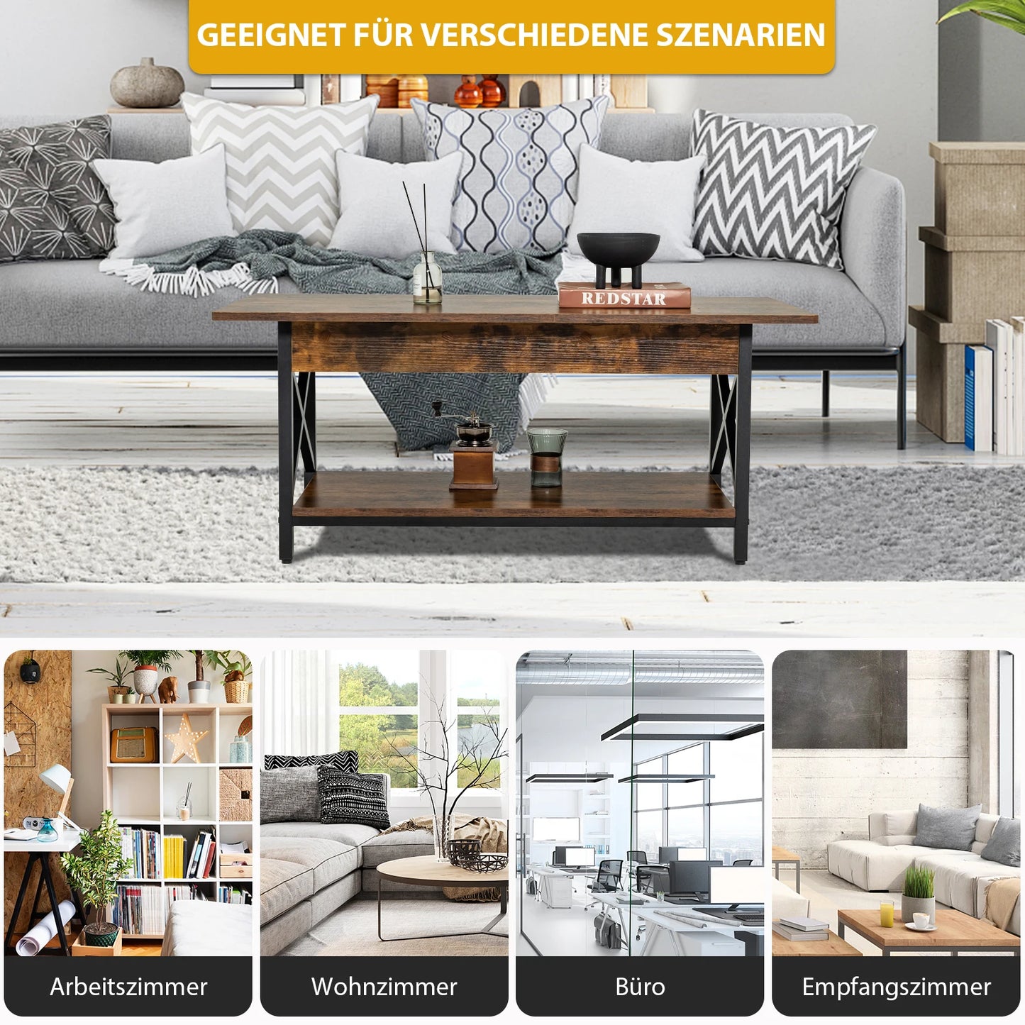 Coffee table coffee table with shelf, living room table, Sofa table for living room, 110x60x48 cm Rustic Brown