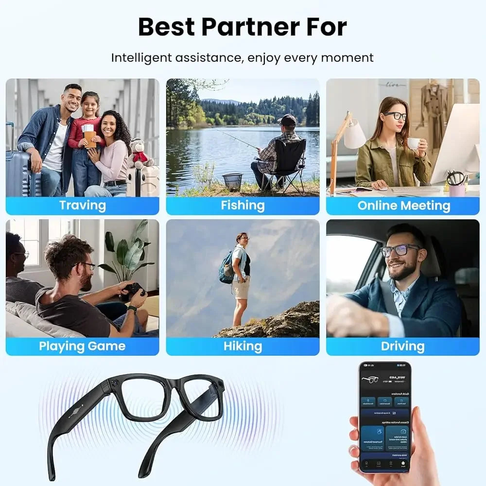 Ailexpress-Free Shipping-AI Smart Glasses 4K HD Camera, BT Call, 800W Anti-Shake Camera Glasses with Video Recording Dual Mic, S