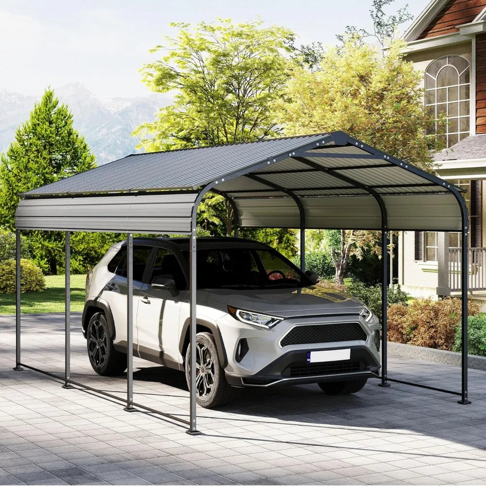 10×15FT Metal Carport, Heavy Duty Car Port, All-Weather Outdoor Storage Trucks,Boats,Cars,Galvanized Steel Roof, Vertical Stripe
