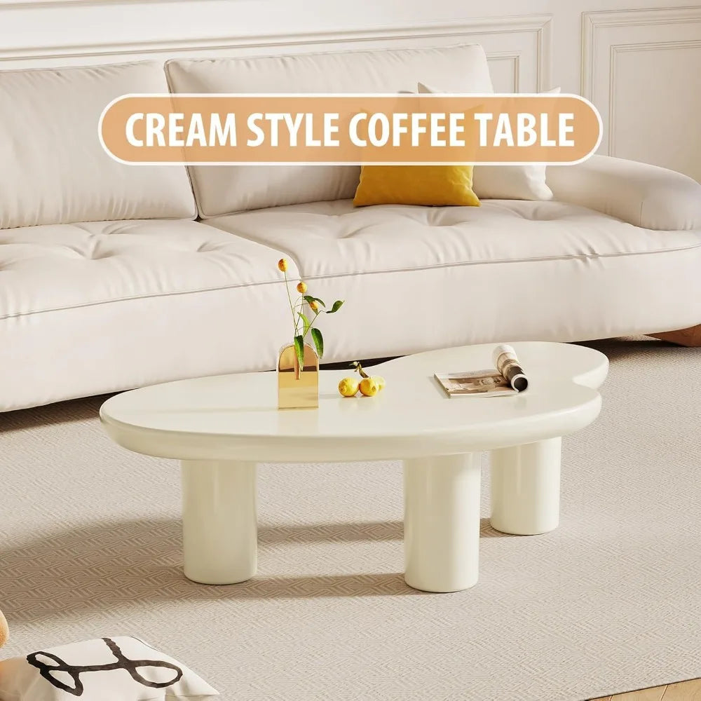 White Cloud Coffee Table, Vintage Coffee Table with 3 Support Legs, Smooth Surface and Round Edge