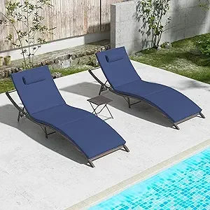 Outdoor 3-Piece Rattan Chaise Lounge Set with Folding Pool Chairs and Table for Patio