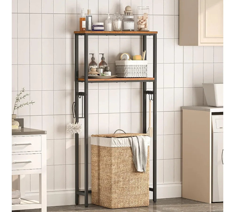 2-Tier Over Toilet Storage Shelf with Paper Holder & Hooks, Rustic Brown Bathroom Organizer Space Saver for Small Rooms