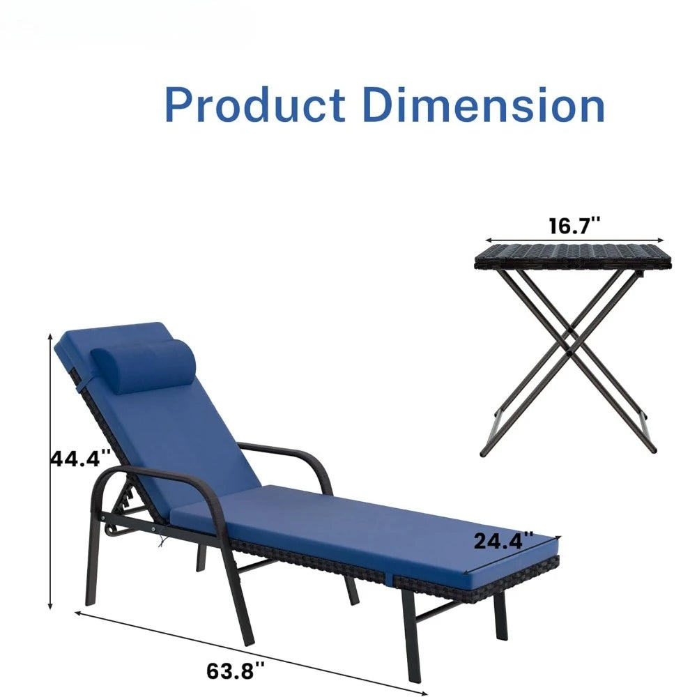 Patio Chaise Lounge Set 3 Pieces Pool Lounge Chairs,Cushioned Outdoor Folding Lounge Chair w/Arm and Rattan Adjustable Backrest
