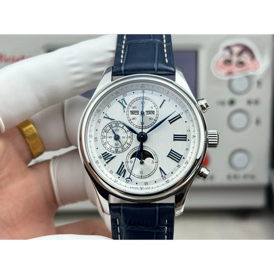 2026 New An Elegant Men's Watch with A Silver Dial and Moon Phase Display Suitable for Various Occasions