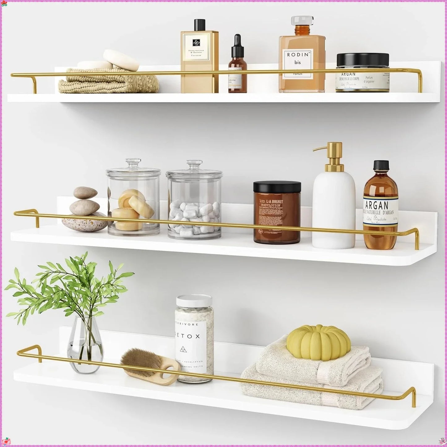 24Inch Gold Floating Shelves Set of 3, Modern Bathroom Wall Shelves Over Toilet Storage with Mounting Rail