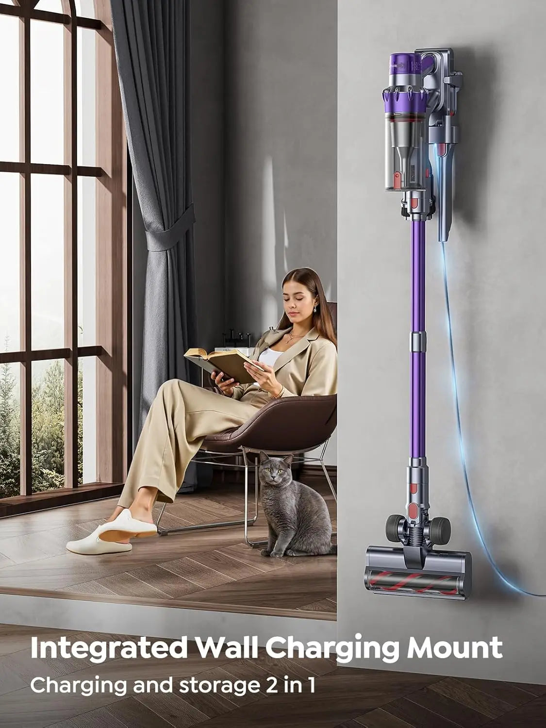 Cordless Vacuum Cleaner 600W 50KPA 65 Min Runtime, Self-Standing Stick Vacuum with Auto Mode for Pet Hair Carpet Floor