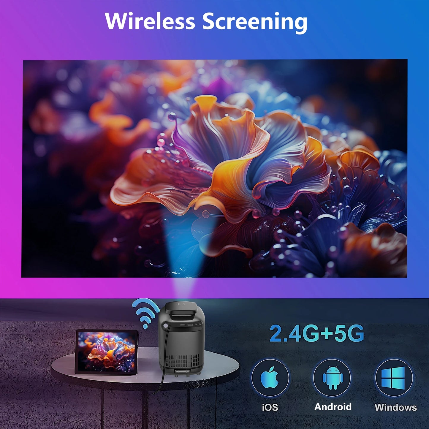 Projector  Android Native 1080p Support 4K Wall Mount Design  with 180°Adjustable Stand Portable  WiFi Bluetooth, Model:TZ1