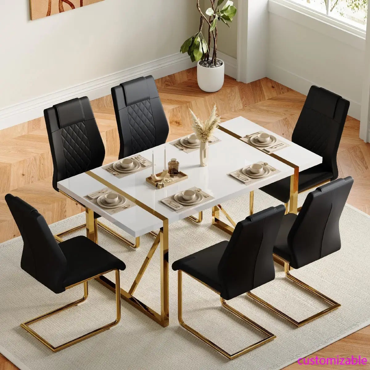 7 Piece Dining Table Set for Dining Room, Kitchen Table and Chairs Set for 6, Modern Dining Table Set for 6 with Metal Frame