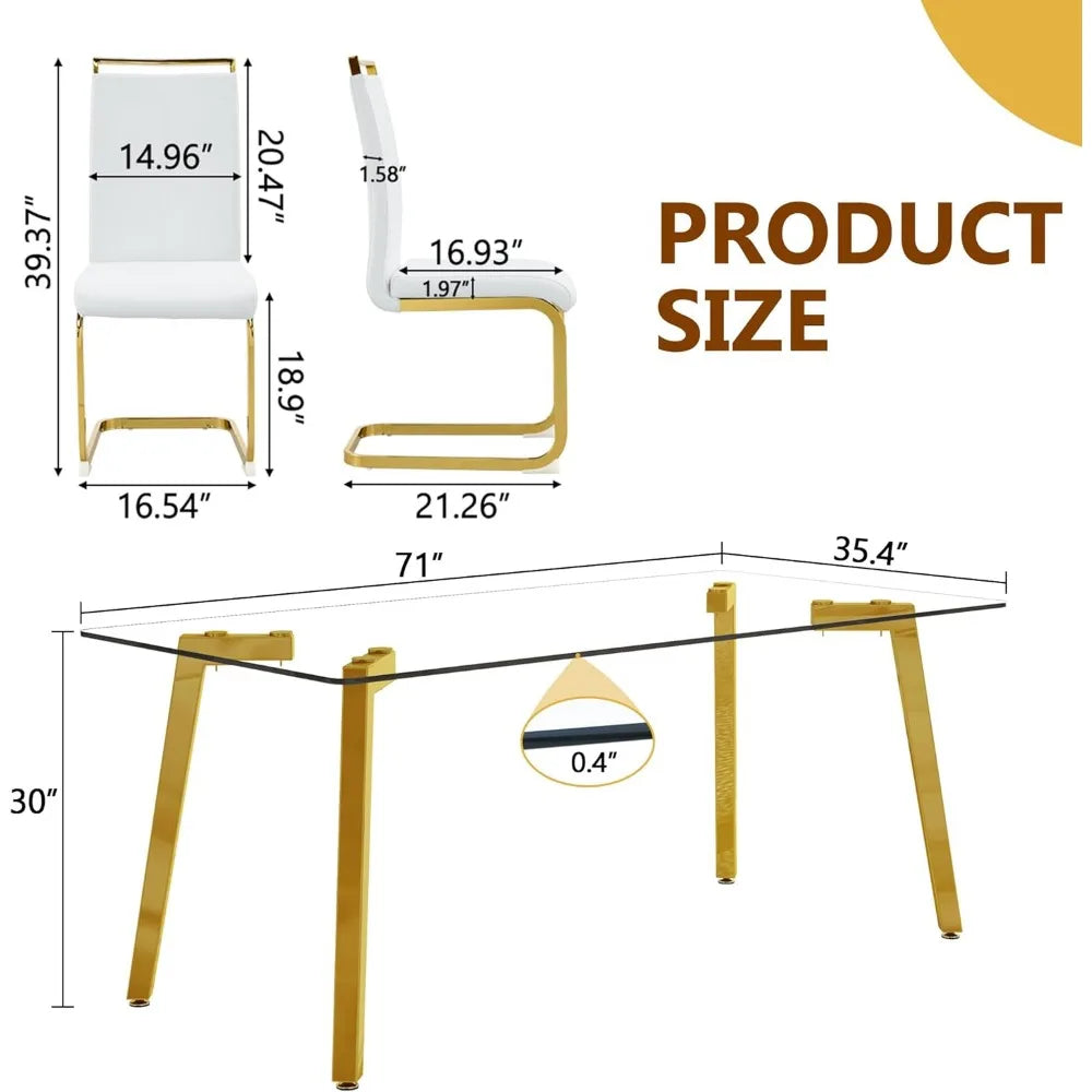 Modern Dining Table Set for 6,Glass Kitchen Table and Chairs,71''Gold Dining Room Table &Generous Legroom with 6 White