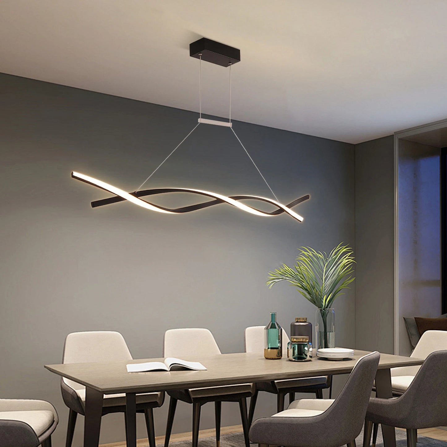 Modern Pendant Light with Remote Control, Black Curved Lines Pendant Light Three Lighting Modes, Pendant Light for Bedrooms