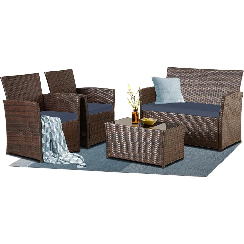 Patio Furniture Set, Outdoor Wicker Conversation Set, Rattan Sectional Sofa Couch with Glass Coffee Table & Thick Cushio