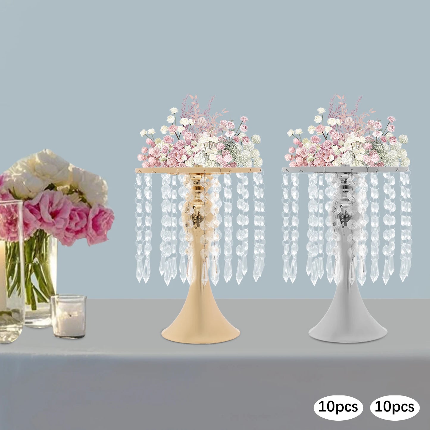 10Pcs Wedding Centerpieces for Tables 26cm Tall Crystal Flower Stand Floral Vases for Gift Baptism Party Decor Gold/Sliver
