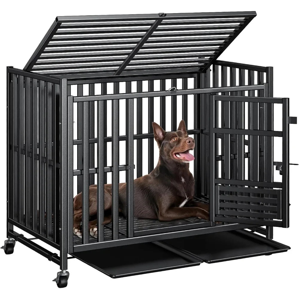 42 inch heavy duty dog crate, upgraded thickened steel frame indestructible kennel for large & high anxiety dogs, escape proof d
