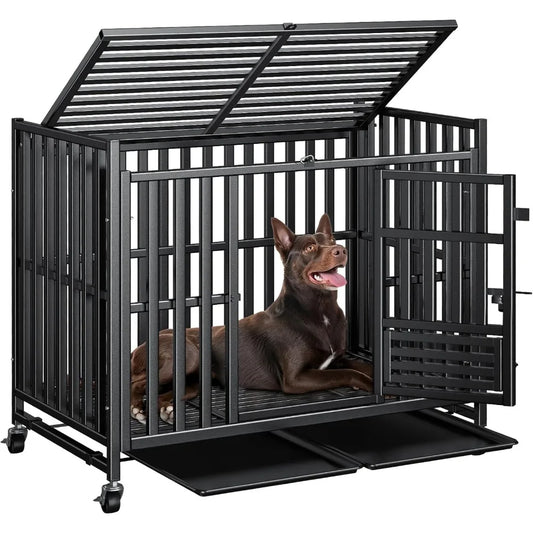 42 inch heavy duty dog crate, upgraded thickened steel frame indestructible kennel for large & high anxiety dogs, escape proof d
