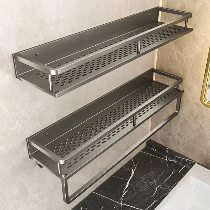 Wall Mounted Bathroom Shelf Punch-free Shampoo Storage Rack For Kitchen Holder Square Aluminum Bath Rack Organizer Accessories