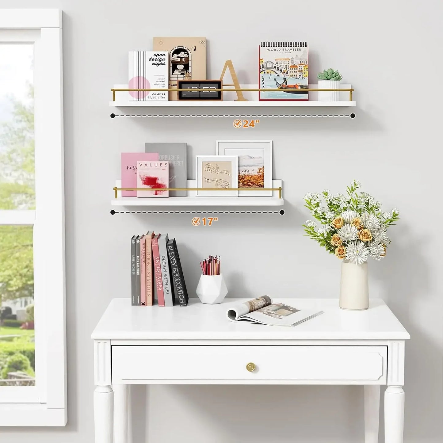 Elegant Gold Bathroom Shelves Set of 3, 24 Inch Wall Mounted Above Toilet Shelves with Rails, White and Gold for Modern Home