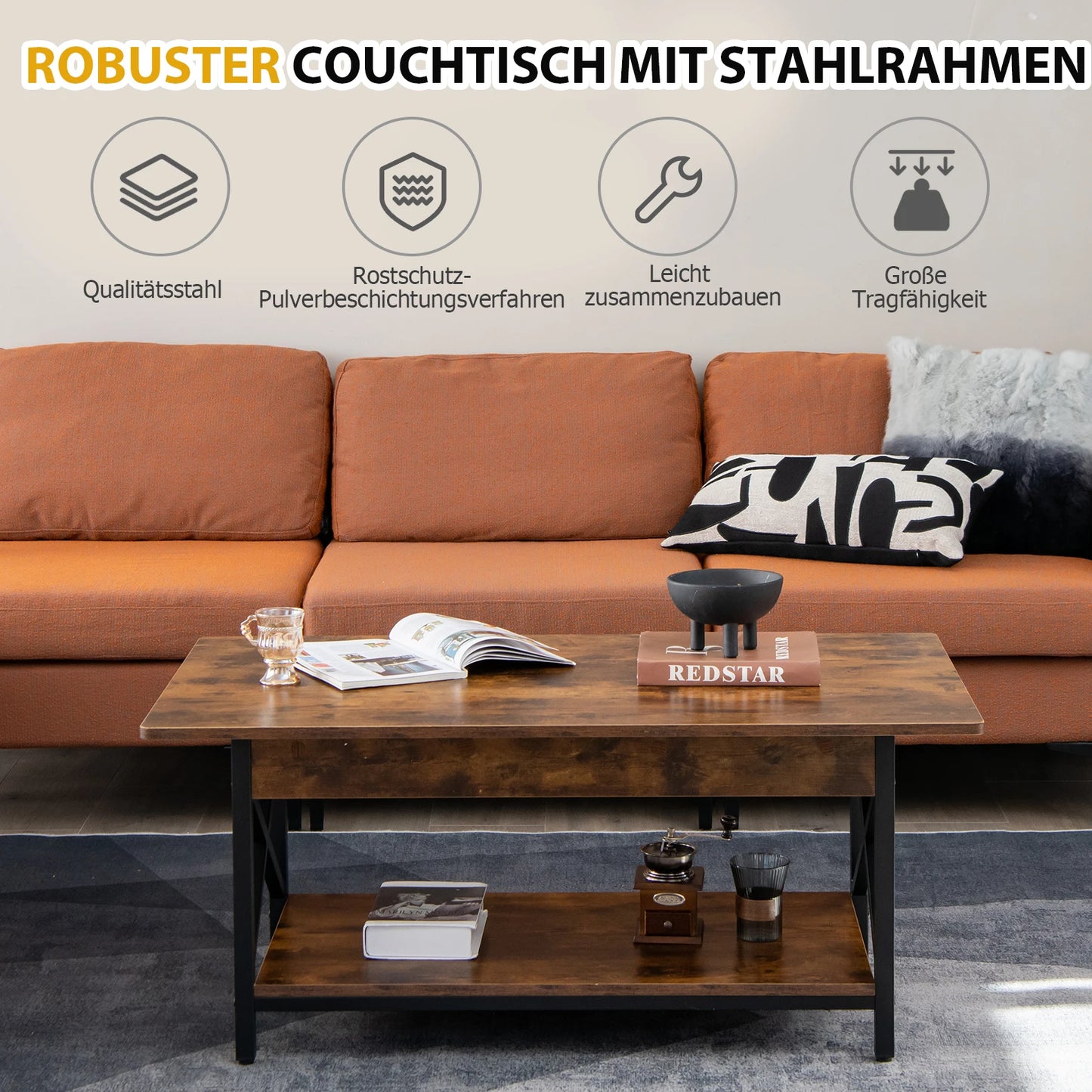 Coffee table coffee table with shelf, living room table, Sofa table for living room, 110x60x48 cm Rustic Brown