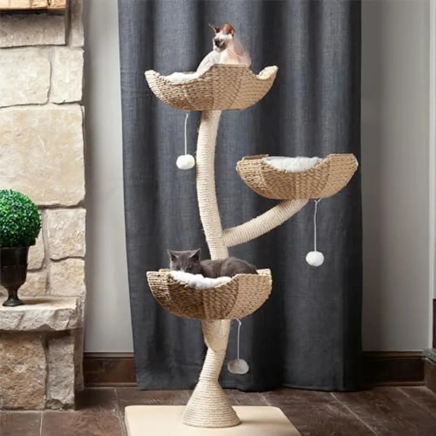 Large Modern Indoor Cat Tree with 3 Faux Fur Beds Scratching Posts and Toys for Cats 23-Inch Width x 23-Inch Depth x 52-Inch He