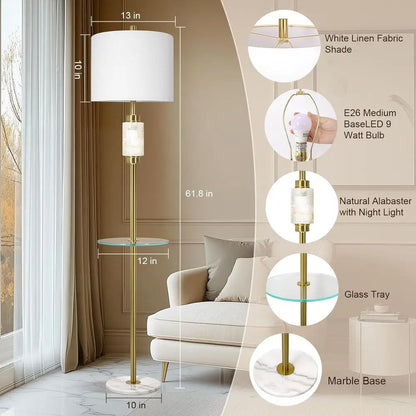 Living Room Lamp with Glass Tray and Night Light, Alabaster Bedroom Lamp, Tall Lamp with Linen Shade, Marble Base Standing Lamp