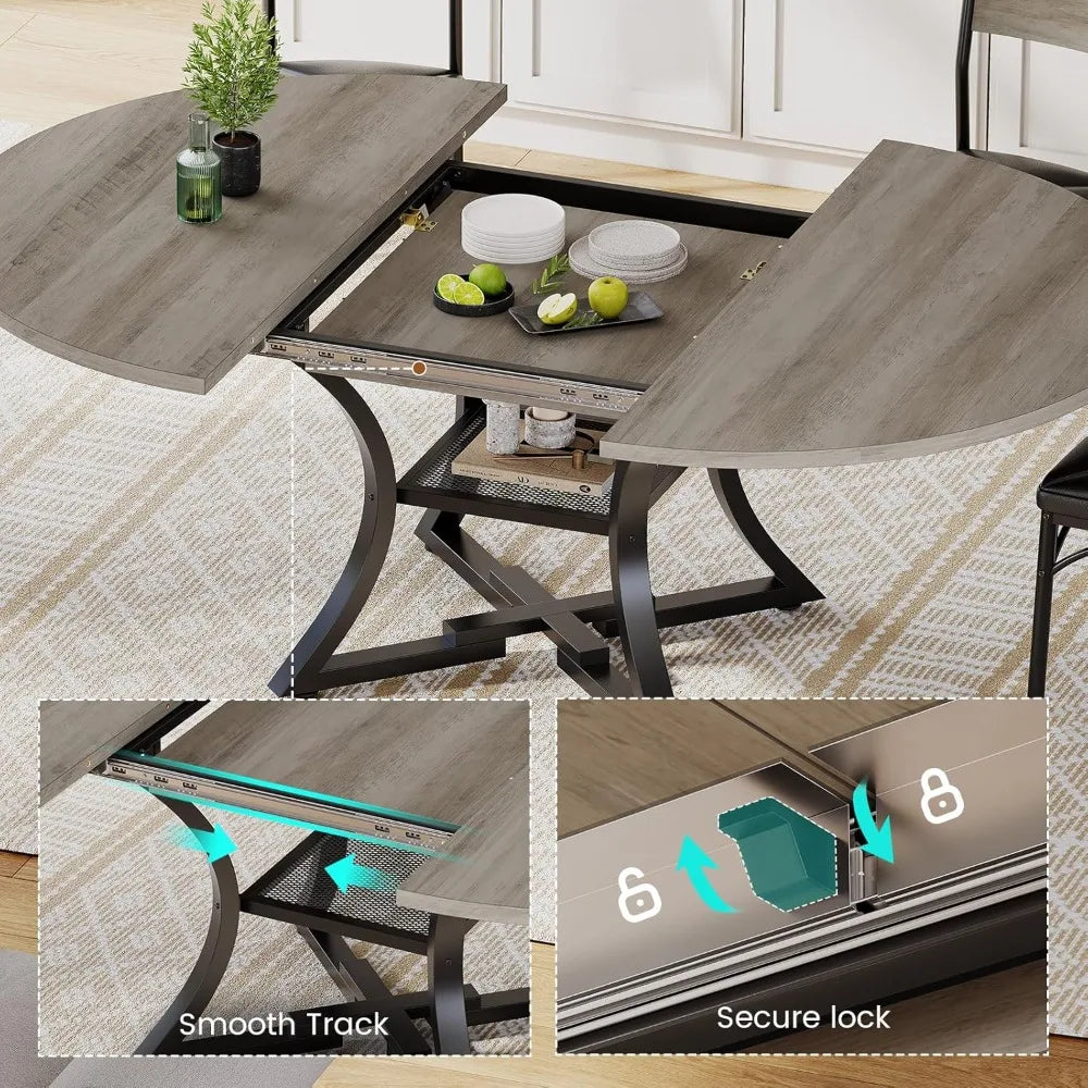 Round Extendable Dining Table Set for 4-6 People, 5-Piece Kitchen Table Set with 4 Cushion Chairs, Dining Room Table for 6