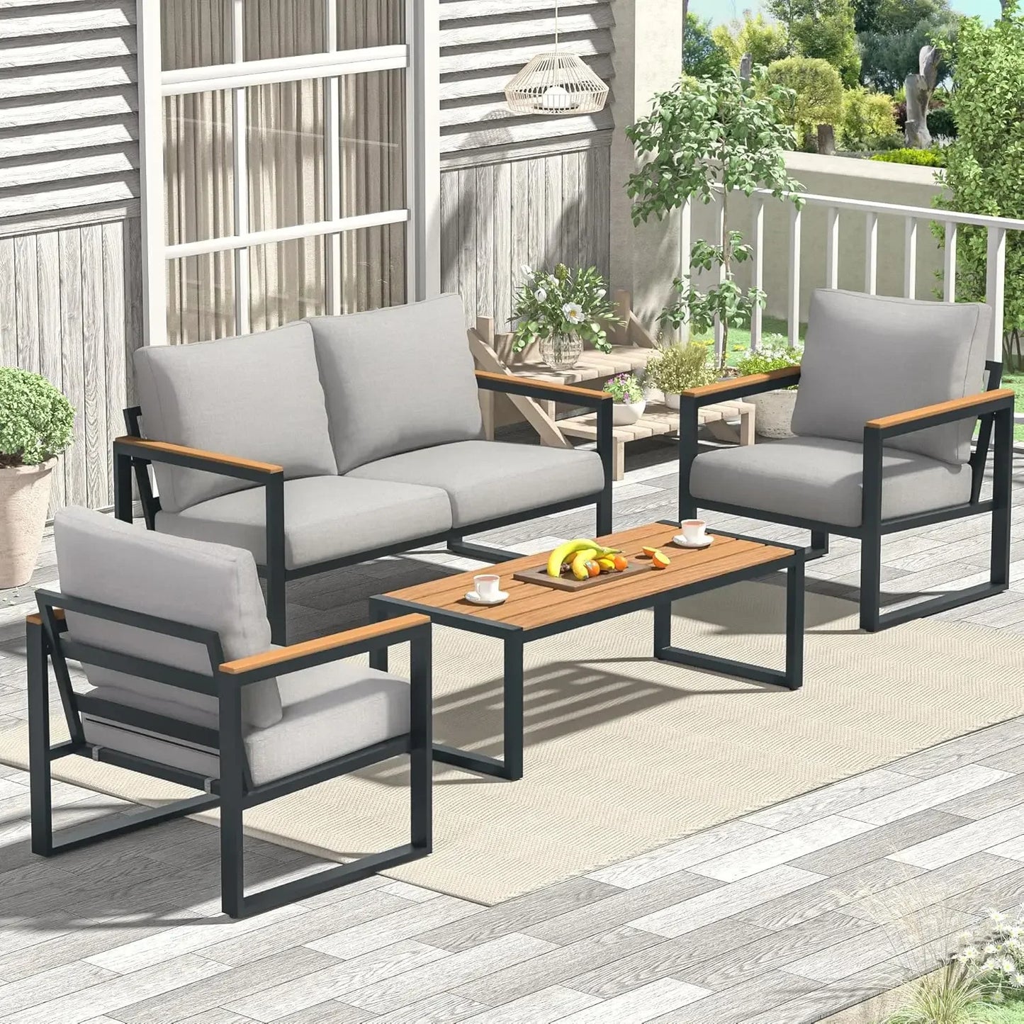 4-Piece Metal Patio Set with Coffee Table & Washable Cushions, Outdoor Conversation Furniture