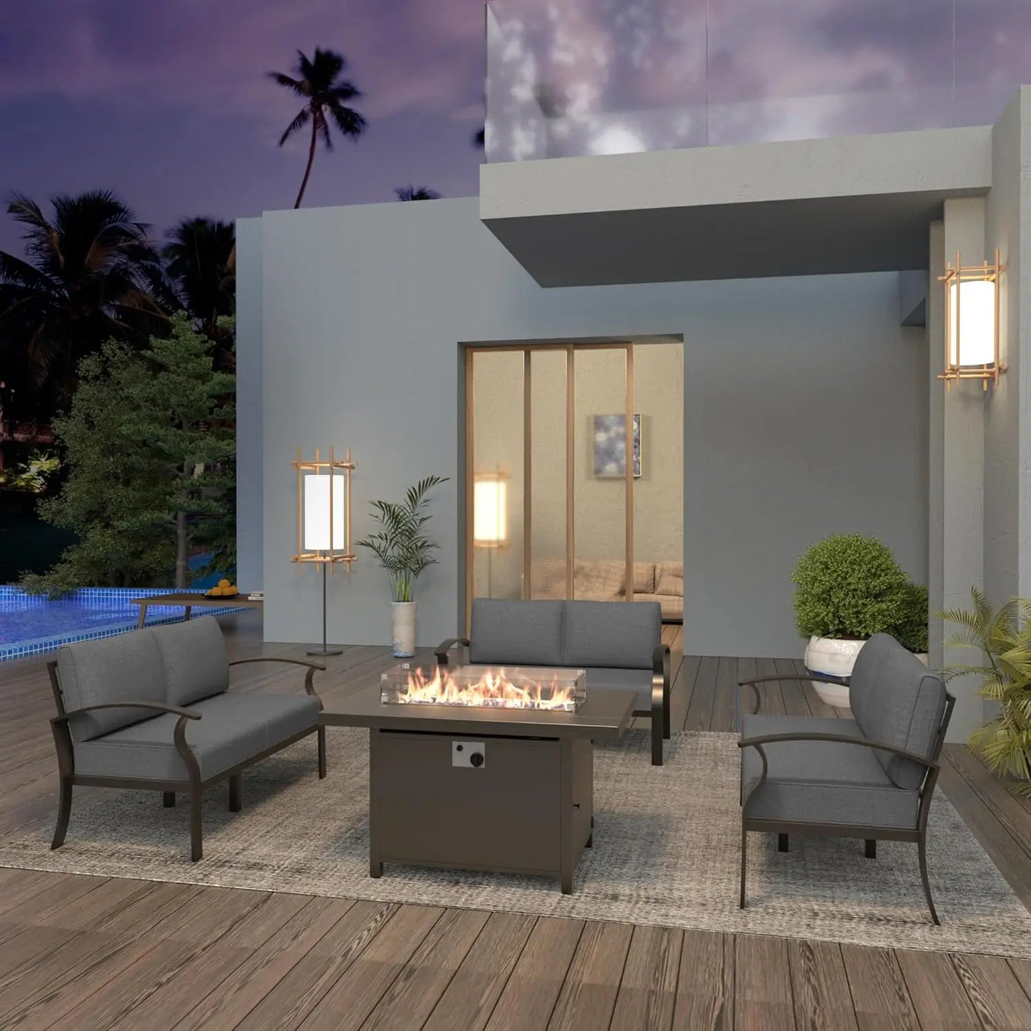 Aluminum Patio Furniture Set 6-Seat Modern Metal Outdoor Conversation Sets w/45in Propane Fire Pit Table and Loveseat Sofa, Pat