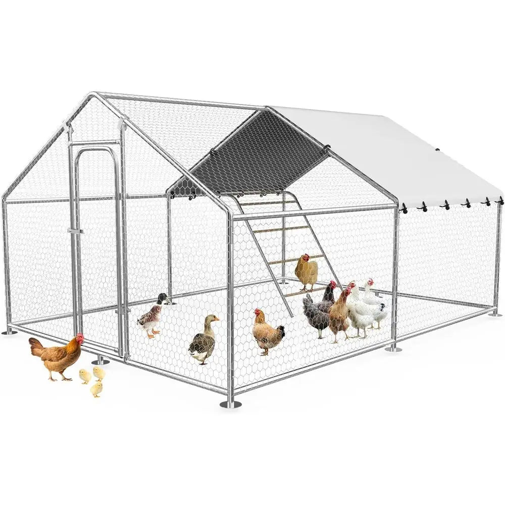 Spacious Walk-in Chicken Coop with Roosting, Waterproof & UV-Resistant Cover for Outdoor Poultry & Small Animals