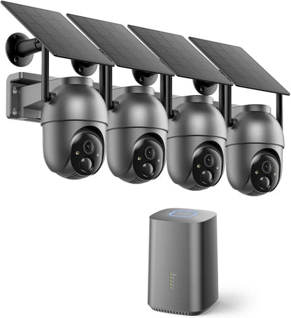 Wireless Outdoor Security Camera Kit - 4 Solar Cameras, No Monthly Fee, Color Night Vision, 360° PTZ, 4MP Live View
