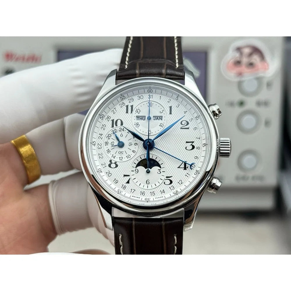 2026 New An Elegant Men's Watch with A Silver Dial and Moon Phase Display Suitable for Various Occasions