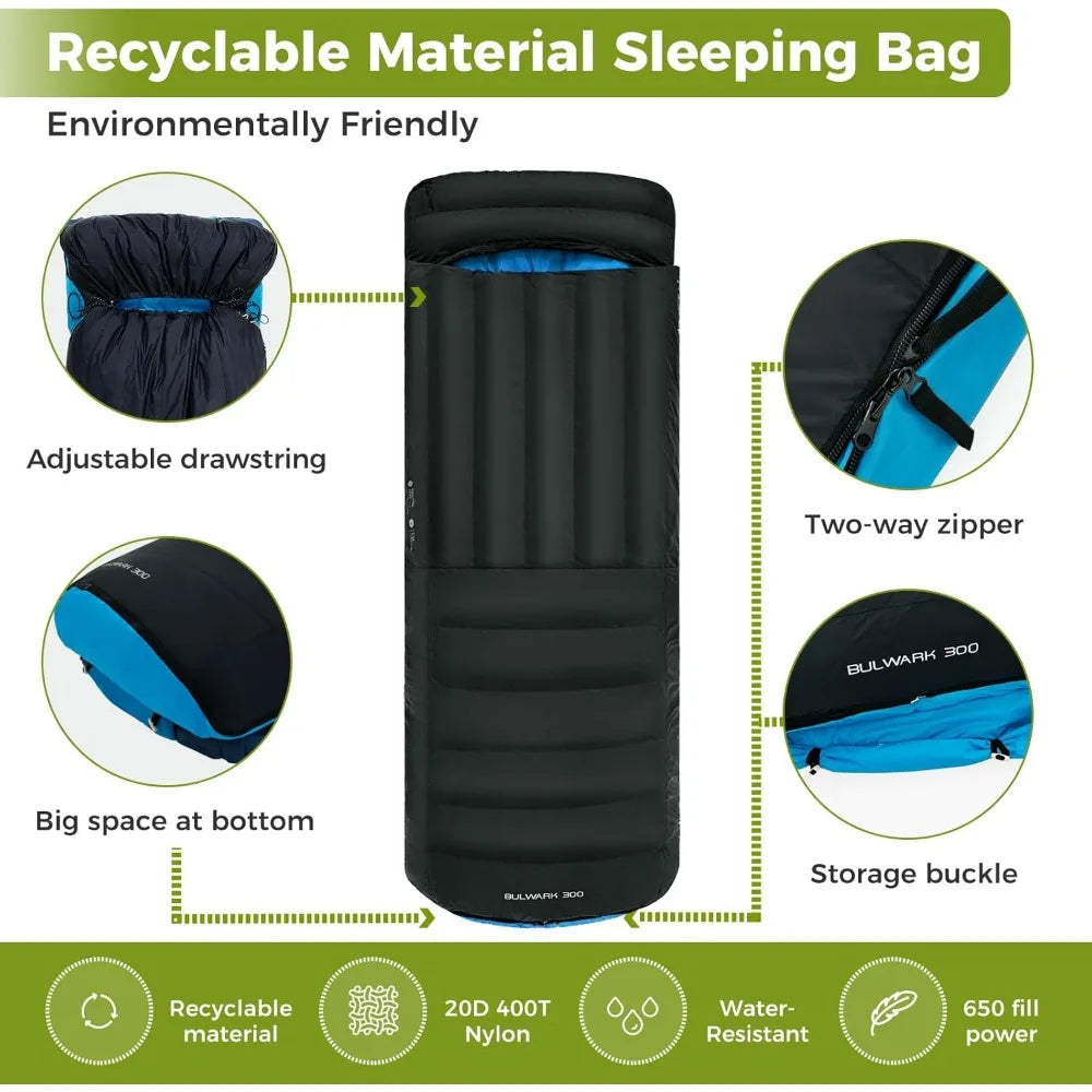 Ultralight 3-Season Recycled Sleeping Bag for Adults, 650FP/700FP, Compact Design with Compression Sack for Backpacking and Camp