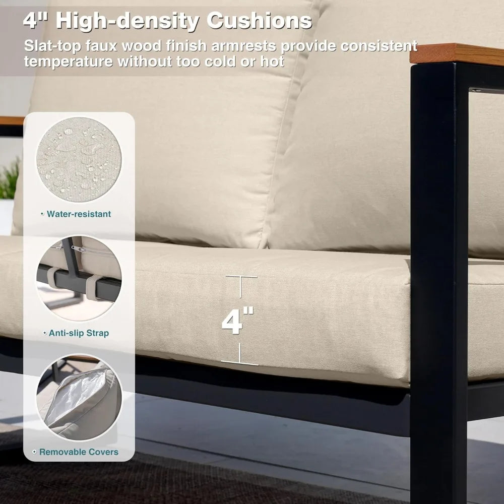 Patio Furniture Set, 4 Pieces Outdoor Patio Furniture with Coffee Table Set, Metal Patio Conversation Sets with Washable and Hig