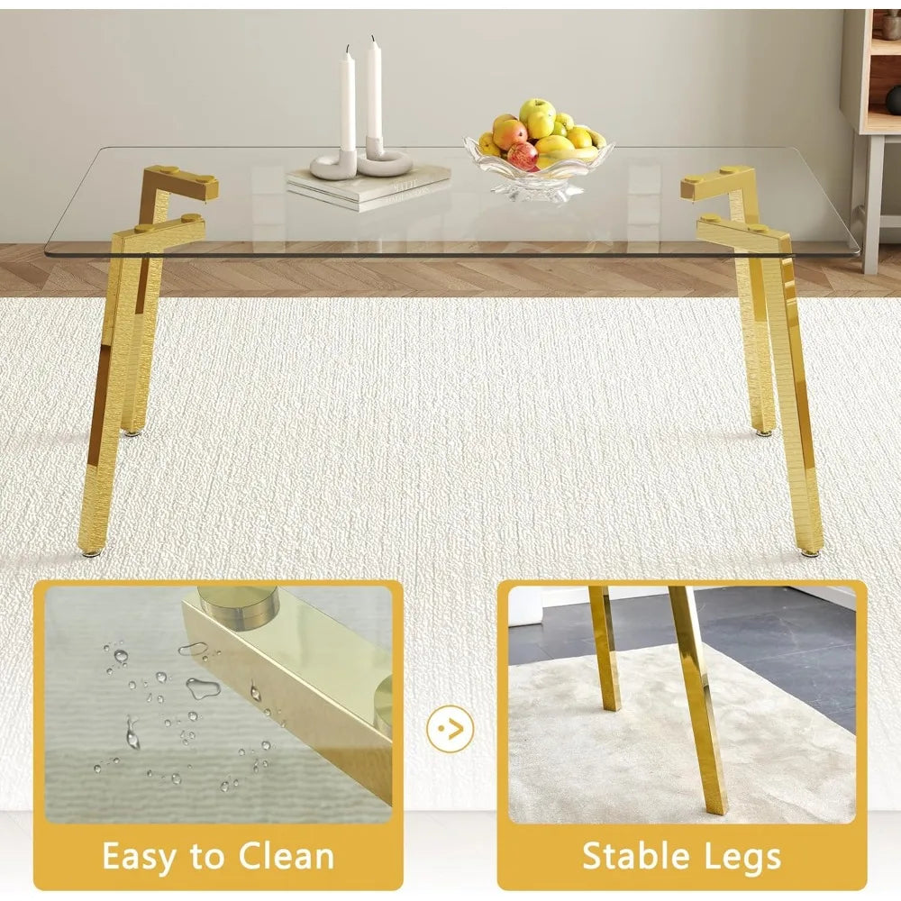 Modern Dining Table Set for 6,Glass Kitchen Table and Chairs,71''Gold Dining Room Table &Generous Legroom with 6 White