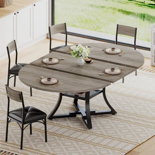 Round Extendable Dining Table Set for 4-6 People, 5-Piece Kitchen Table Set with 4 Cushion Chairs, Dining Room Table for 6