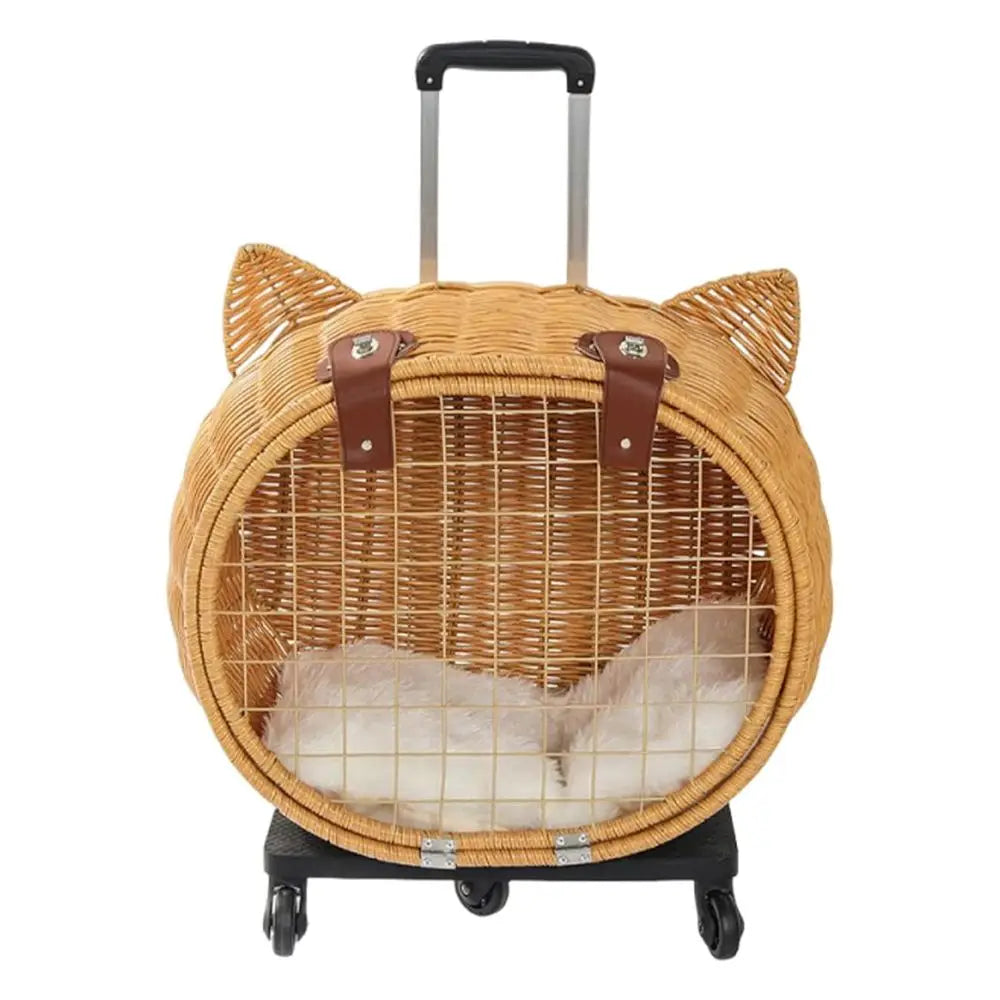 Portable Pet Stroller for Small Dogs and Cats - Rattan Basket on Wheels, Ideal for Outdoor Adventures and Beach Strolls