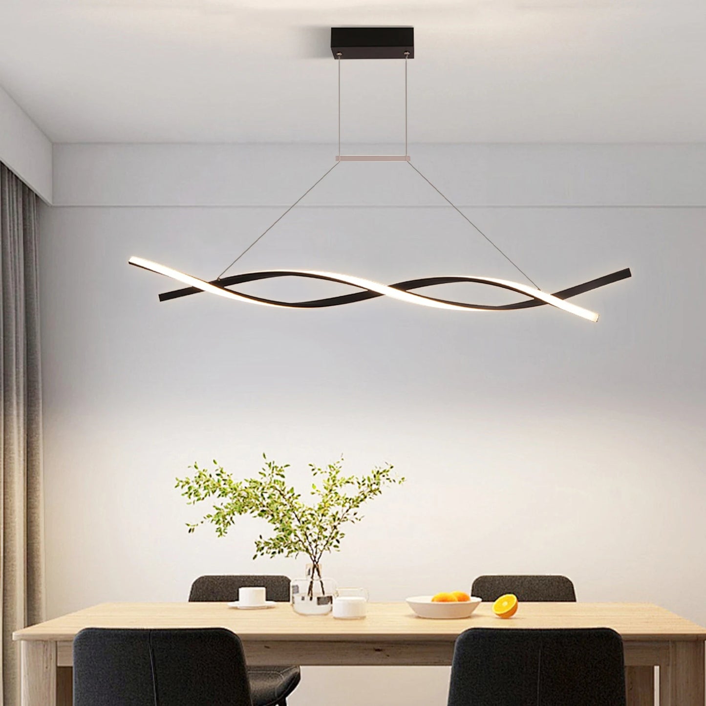 Modern Pendant Light with Remote Control, Black Curved Lines Pendant Light Three Lighting Modes, Pendant Light for Bedrooms