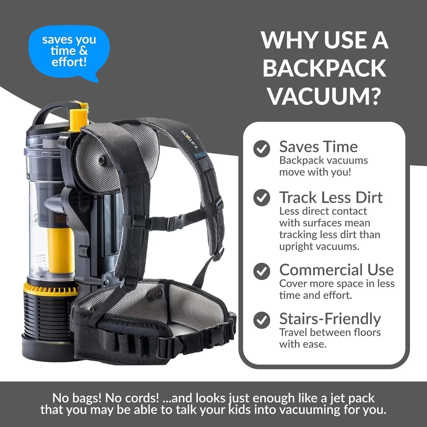 2.0 Commercial Bagless Backpack Vacuum Cleaner with Electric Power Nozzle