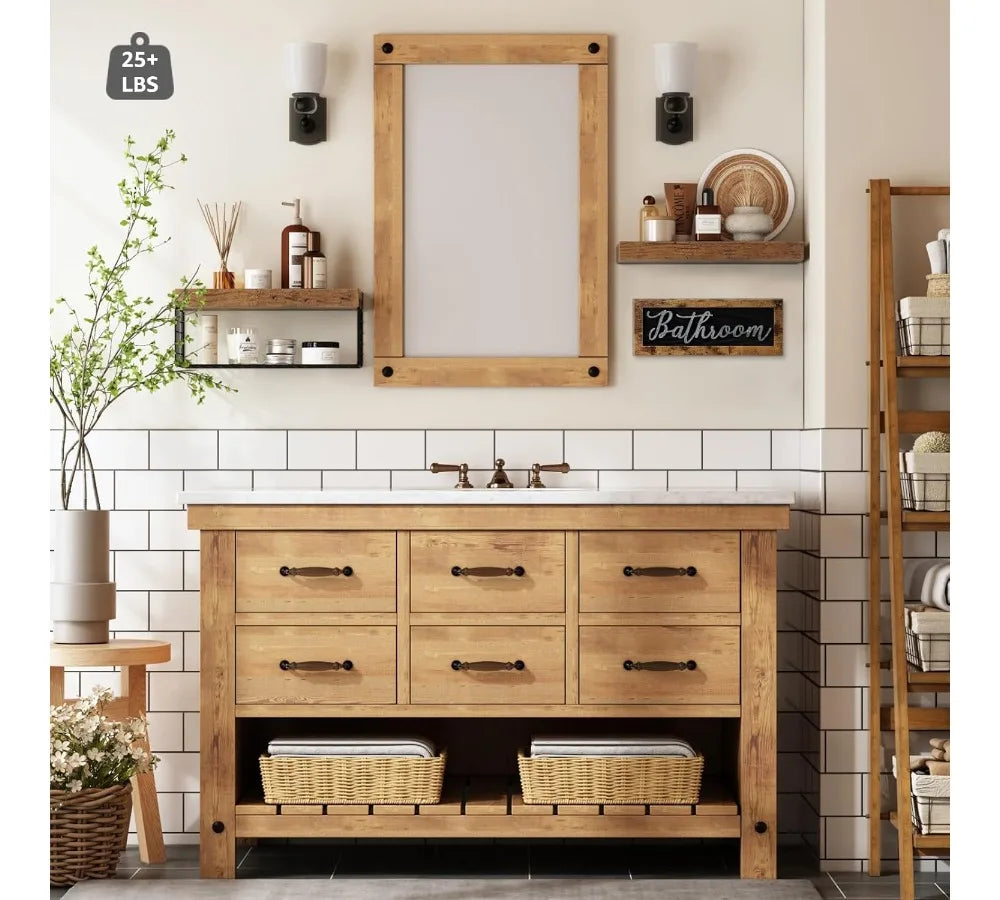 Farmhouse Bathroom Shelves Over Toilet - Floating Shelf Set with Basket & Decor Sign, Rustic Brown