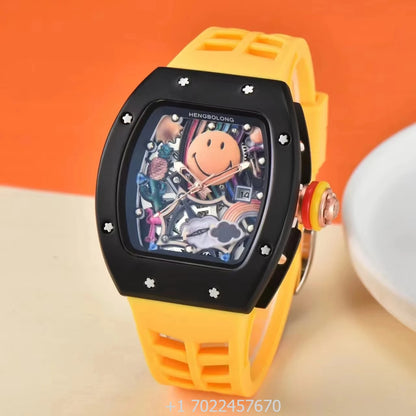 Top-grade RM High-quality Smiling Mechanical Watch Alarm Analog Rubber 10 Bar Water Resistant Hipster Gentleman Diving Sports