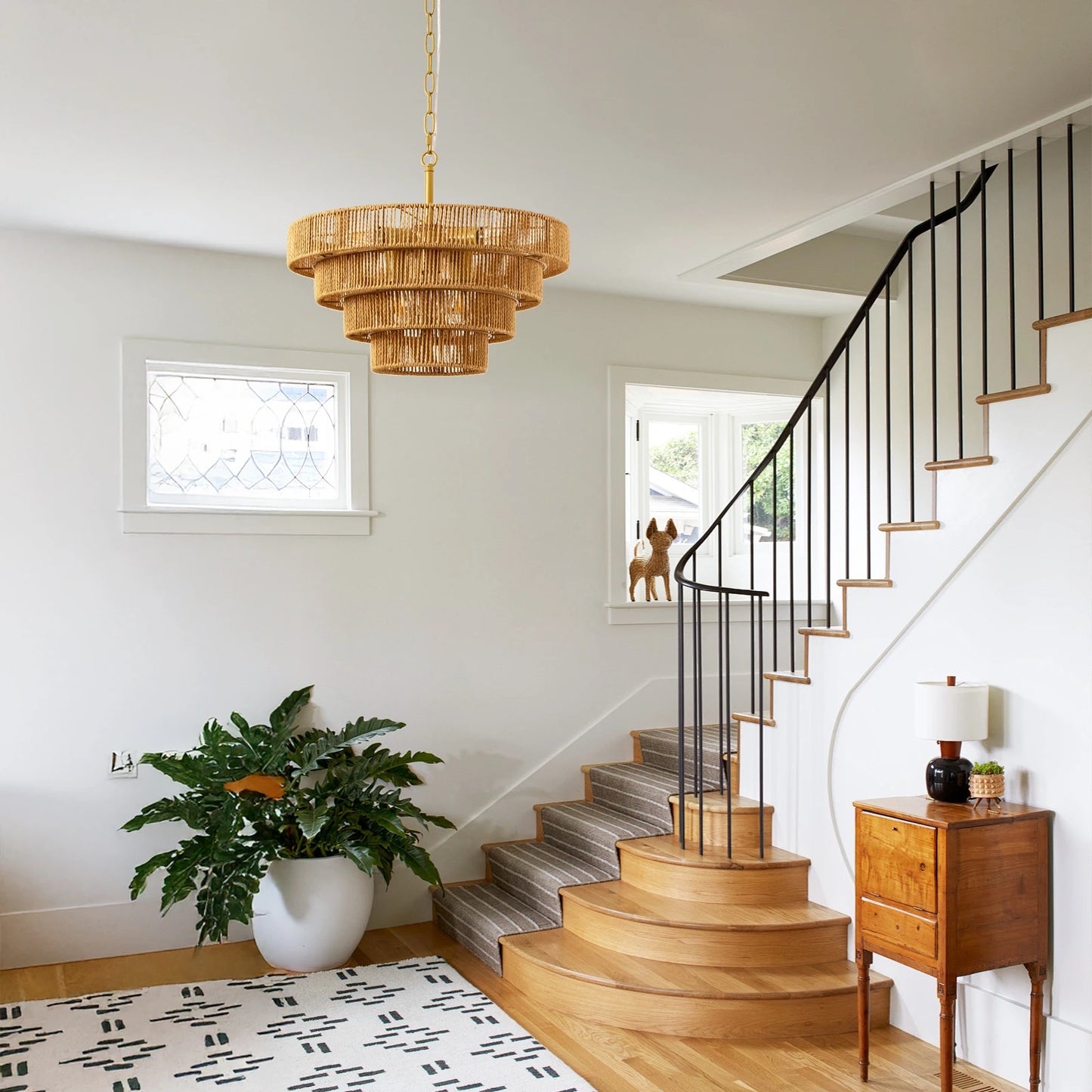 19.7" Boho Hand-Woven Rattan Chandelier Vintage Farmhouse 4 Round Hemp Rope Pendant Light for Dining Room Kitchen Island